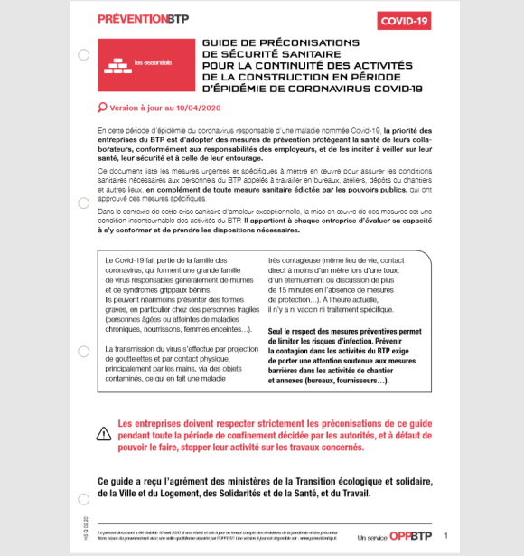 Guide préconisations sanitaires OPPBTP